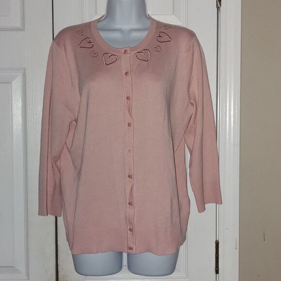Cable & Guage pink button down cardigan heart embroidered collar  Sz XL - Picture 1 of 6
